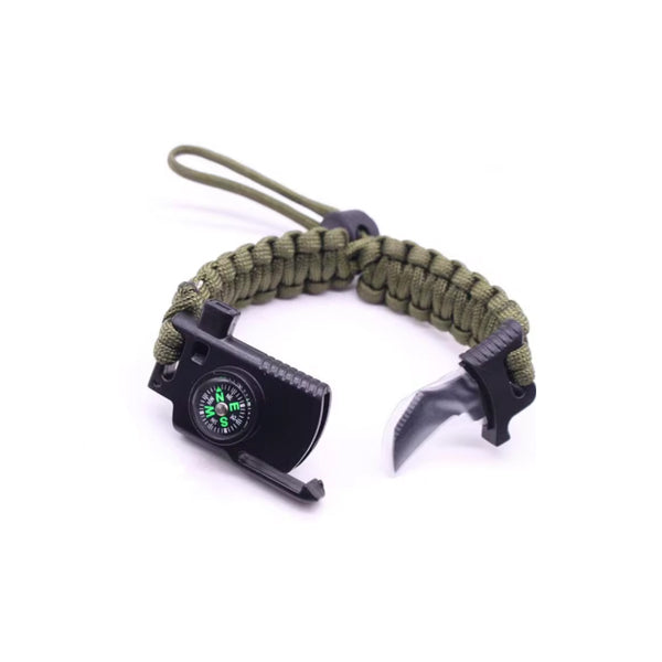 Paracord Bracelet with Survival Knife Blade and Compass - Army Green