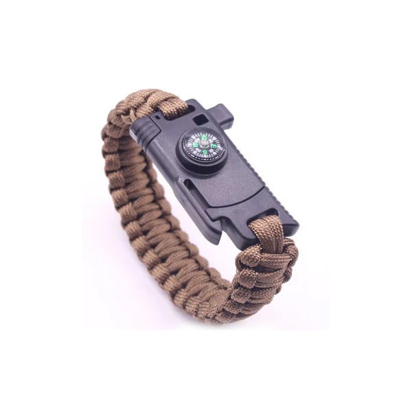 Paracord Bracelet with Survival Knife Blade and Compass - Brown