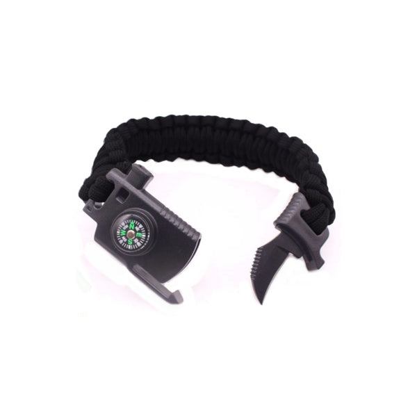 Paracord Bracelet with Survival Knife Blade and Compass - Black